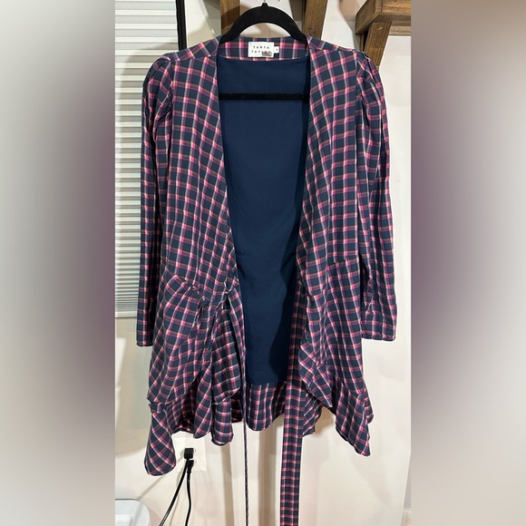 Tanya Taylor Lexi Wrap Dress in Pink Navy Plaid Long Sleeve 8 - Picture 11 of 16